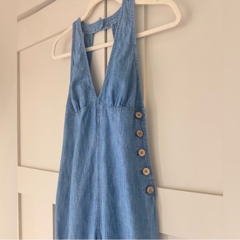 FREE PEOPLE DANCE ALL NIGHT CUT OUT BACKLESS DENIM JUMPSUIT size 0 - Picture 3 of 9